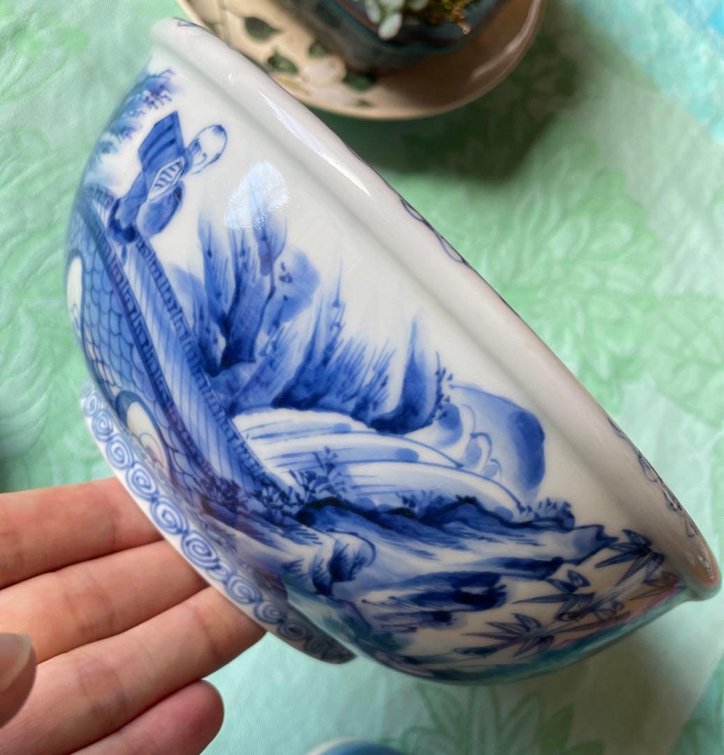 古伊万里　染付　唐子　竹林七賢人図　中深鉢　陶磁器