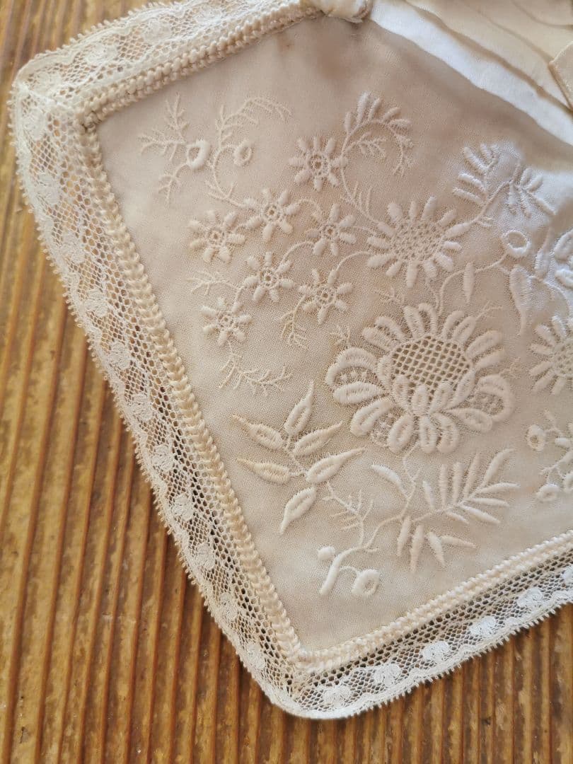 アンティーク 初聖体式 花刺繍&プリーツ リネンシルク オモニエール 二重バッグ