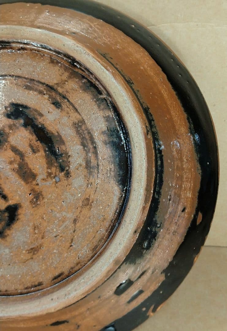 極美品 濱田庄司 黒釉錆流描皿 共箱 毎日オークション出品【本物保証】人間国宝