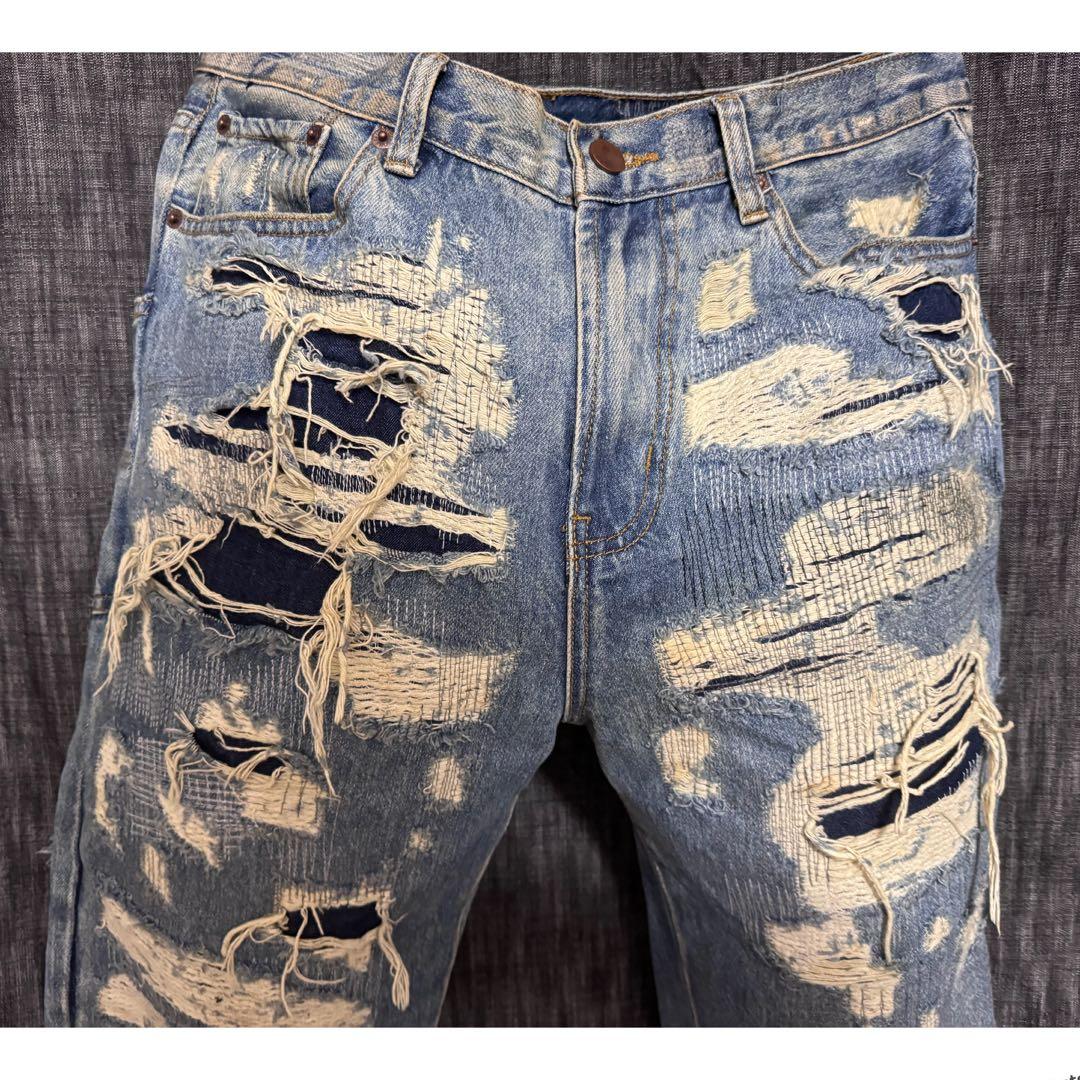 ブランド不明 ハードダメージ加工デニム　ジーンズ インディゴ　デストロイ　YKK