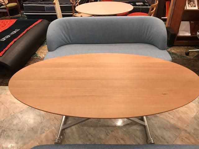 estic SPIGA X-LIFT 楕円タマゴ型昇降テーブル無垢張り合わせ