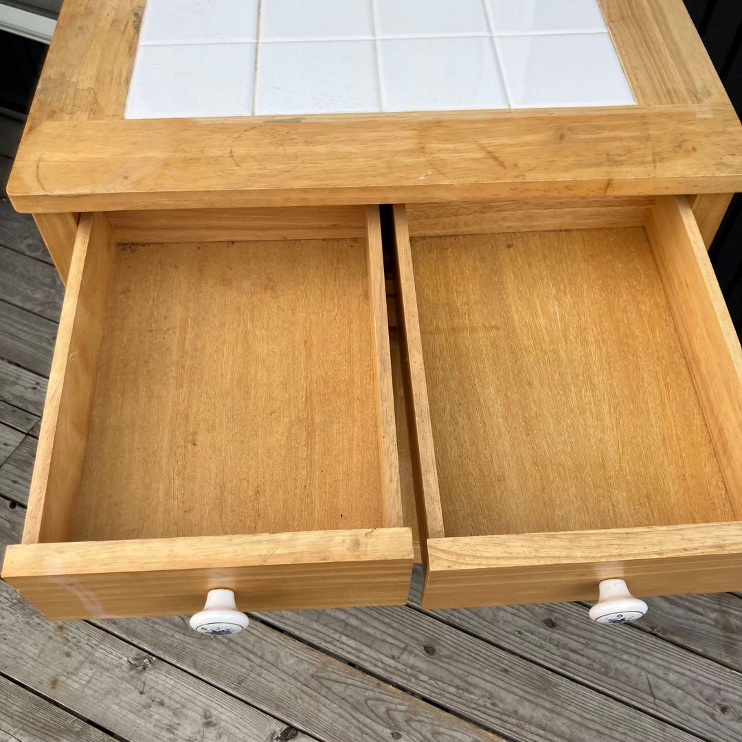 ②北欧レトロ アイリスオーヤマ 木製 タイル張り キッチンワゴン ダストボックス