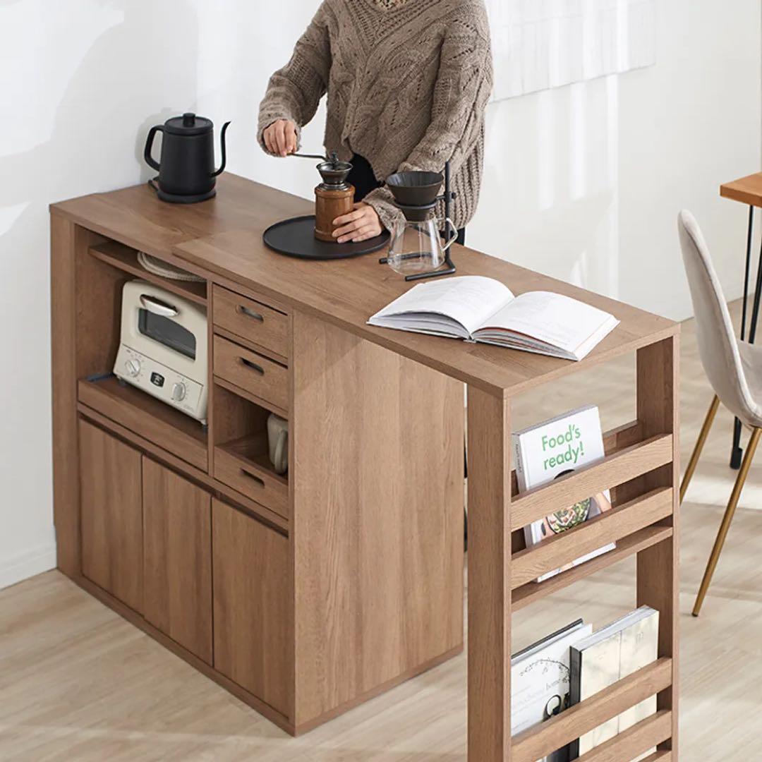 [ぬん]LOWYA 伸縮式キッチンカウンター 食器棚 木目調