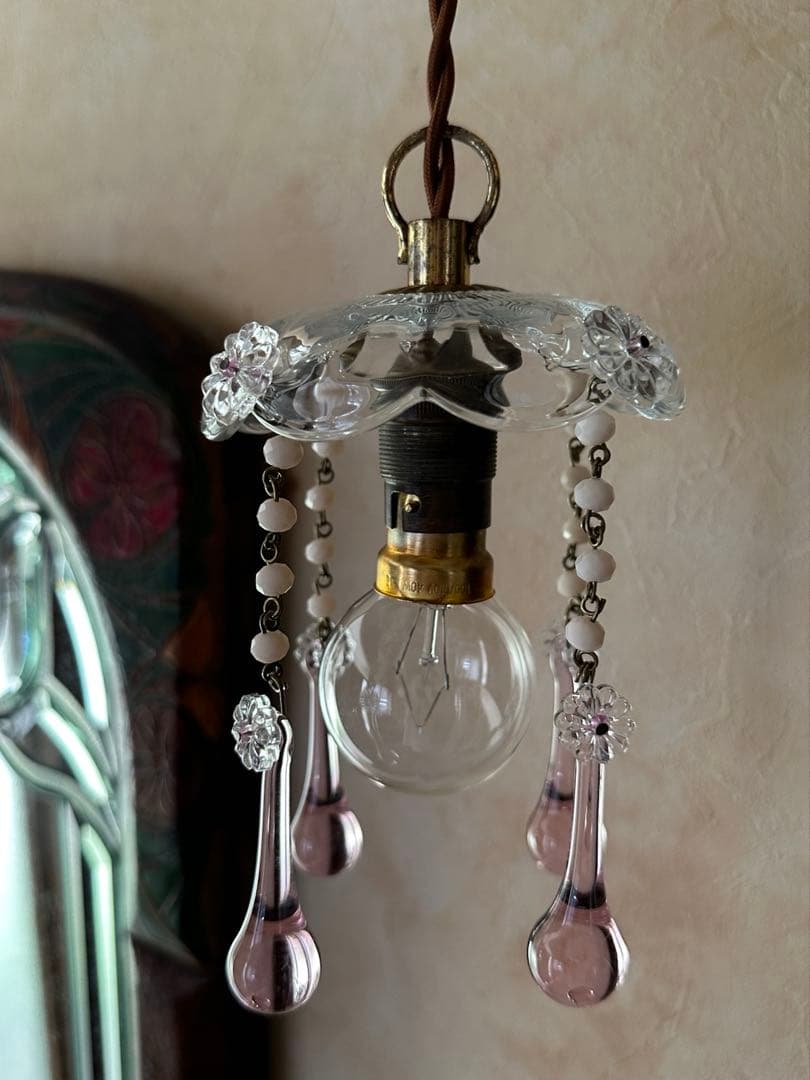 20's フランス アンティーク ピンクムラーノガラスの可愛いミニシャンデリア＊