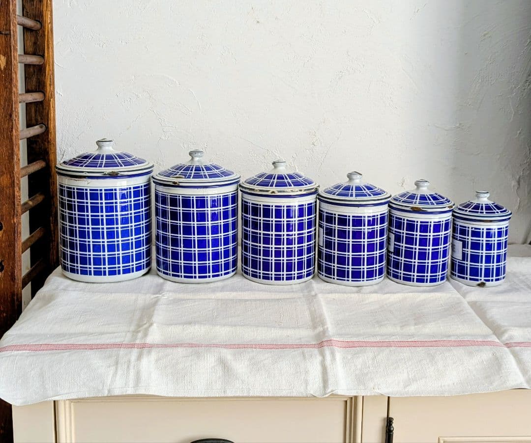 フランス BB社 ホーロー キャニスター フルセット青と白のチェック柄