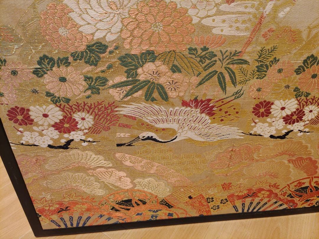 屏風　仕切り　二枚折　 パーテーション　 衝立　鶴図　金糸　西陣織　風炉先屏風