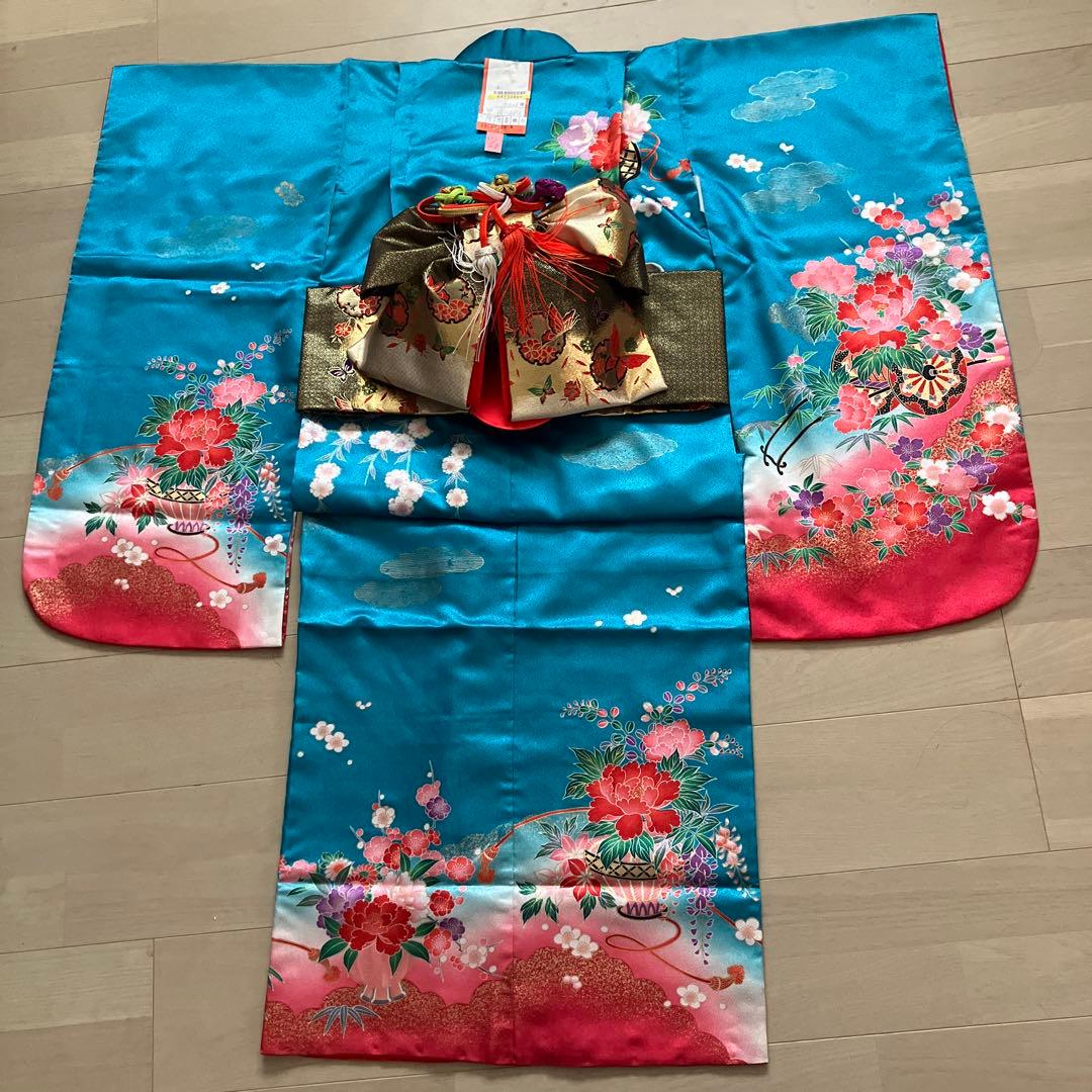 ★底値！百貨店購入7歳七五三フルセット青花柄 着物長襦袢紐小物和装一式セット★