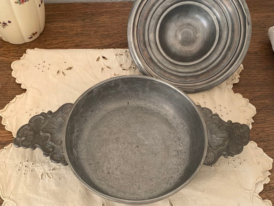 フランス　蚤の市　ピューター製　鍋　ブロカント