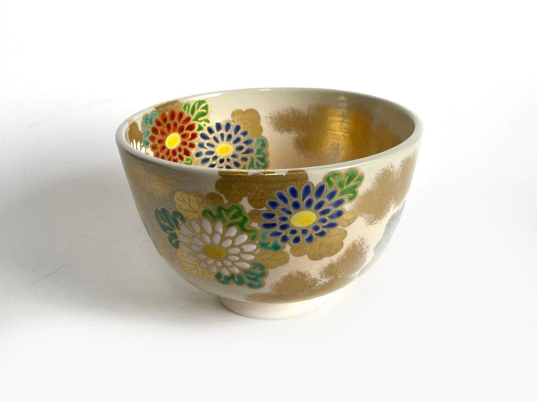 陶芸家　淡海　膳所　陽炎園　ぜぜ　色絵菊茶碗　抹茶碗　共箱