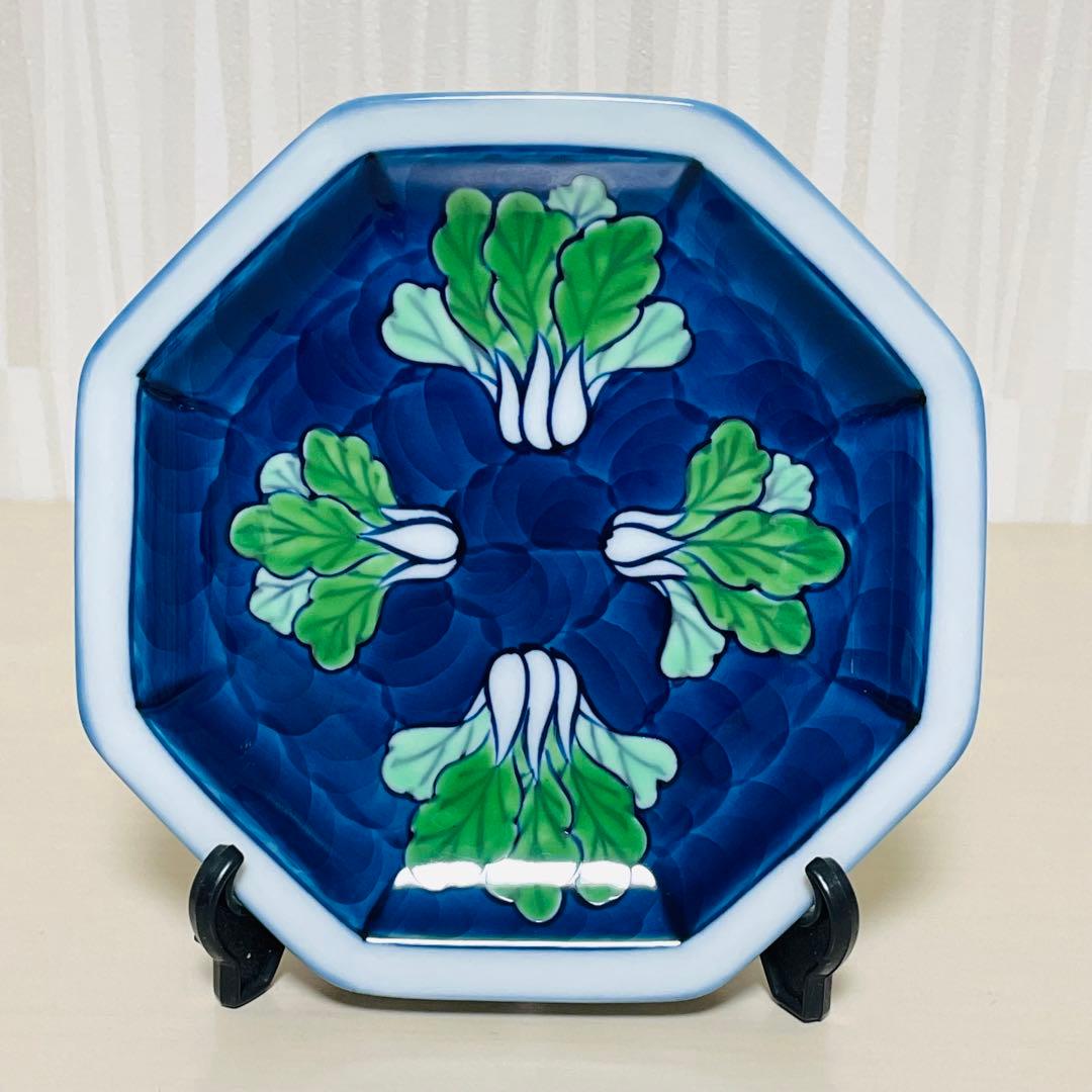 有田焼 源右衛門 染錦 菜っ葉紋 八角 皿 プレート 5枚セット 約15cm