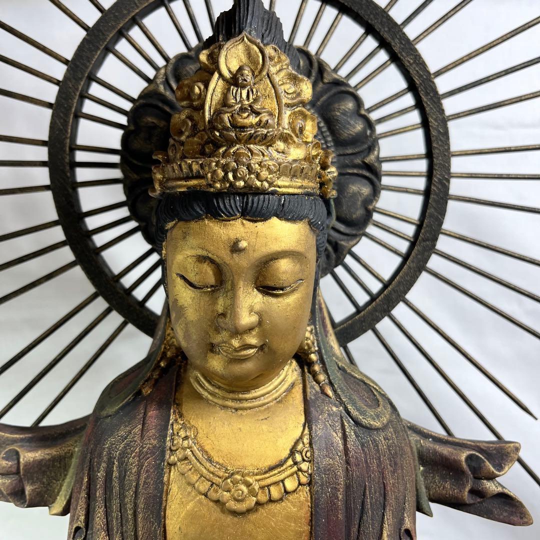 木彫り 観音 楠彫 仏像 戴元偉作 願掛け観音 東京書芸館 古色金彩仕上げ