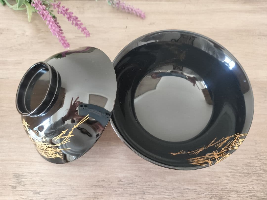 輪島塗 黒色漆器 蓋付汁椀　5客セット 松葉 金彩模様 桐箱付き
