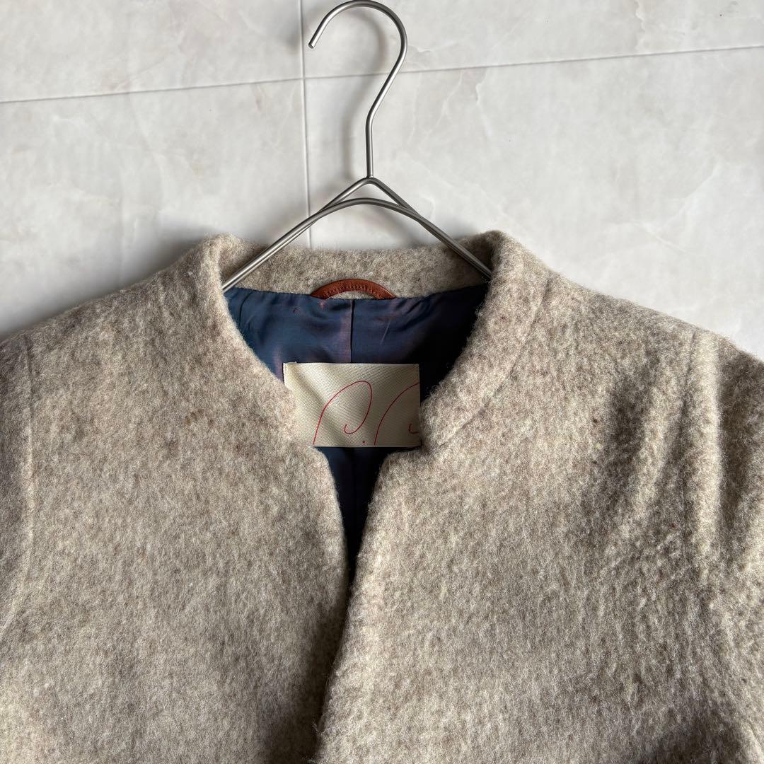 パラスパレス ウール縮絨ノーカラーコート レザー 貝ボタン2 ベージュ系