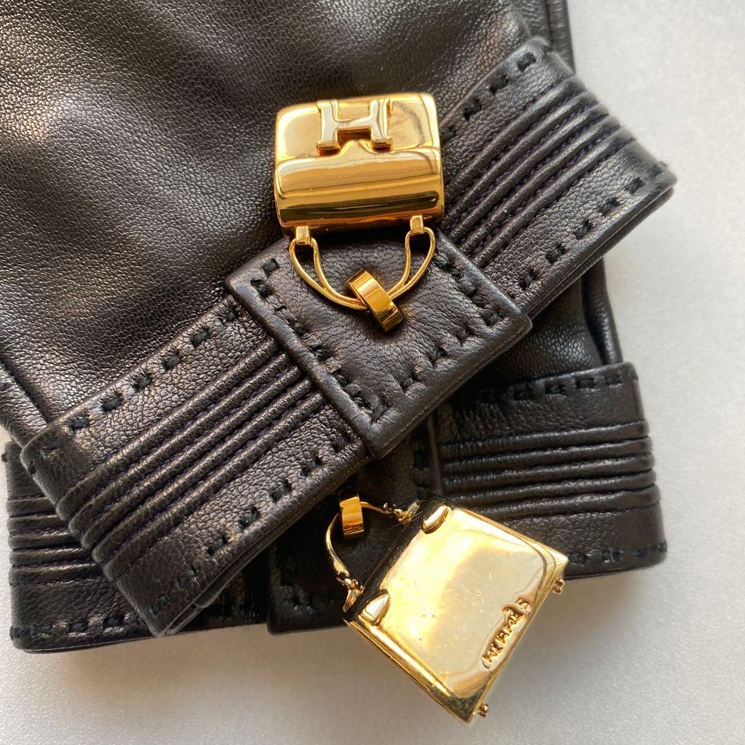 美品　エルメス　レザーグローブ　ブラック　黒革手袋　シルク裏地　サイズ6ハーフ