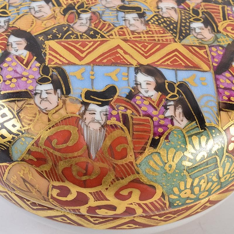 九谷焼　二代目　岳陽作　色絵金彩細字　三十六歌仙　香合　共箱　M　R7585