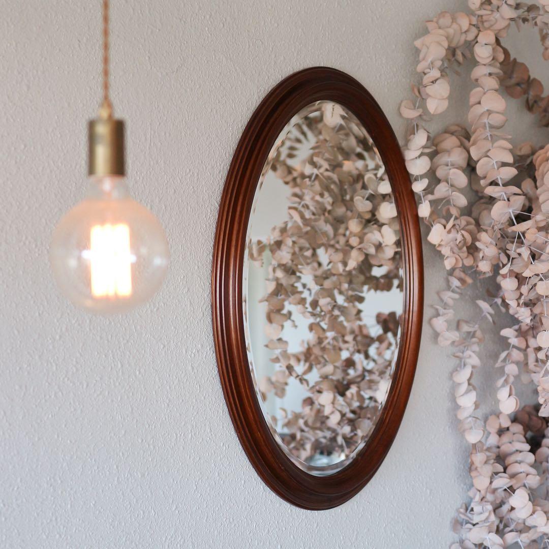 オーバル型 ウォールミラー　ブラウン 木製 楕円形 壁掛け鏡