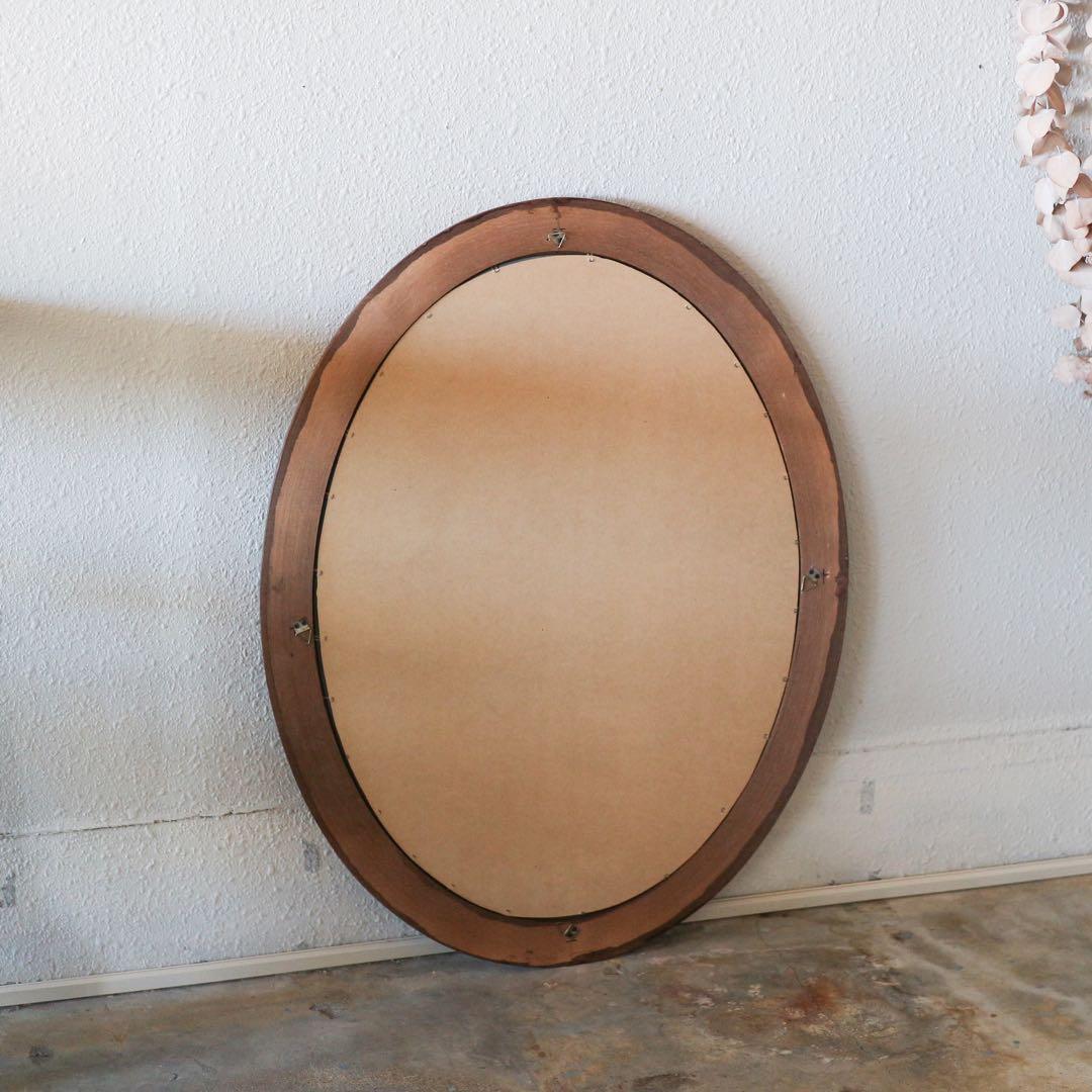 オーバル型 ウォールミラー　ブラウン 木製 楕円形 壁掛け鏡