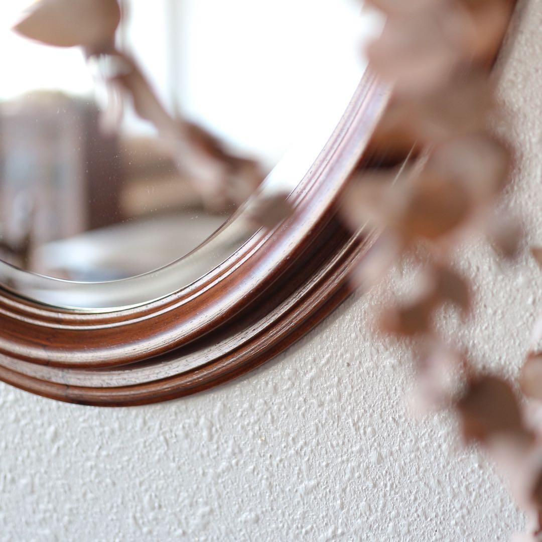 オーバル型 ウォールミラー　ブラウン 木製 楕円形 壁掛け鏡