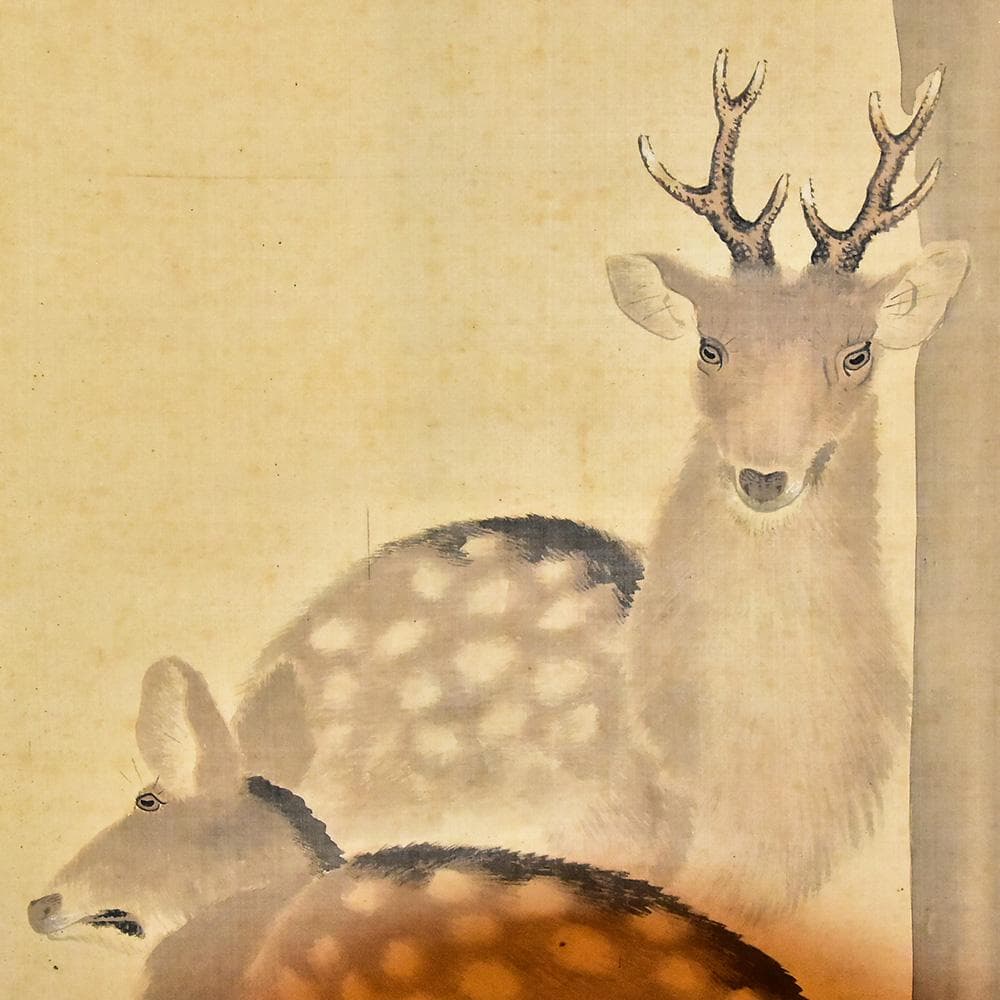 前川孝嶺画 双鹿図 水墨画 掛軸 日本画 掛軸 落款 縁起図 縦204㎝