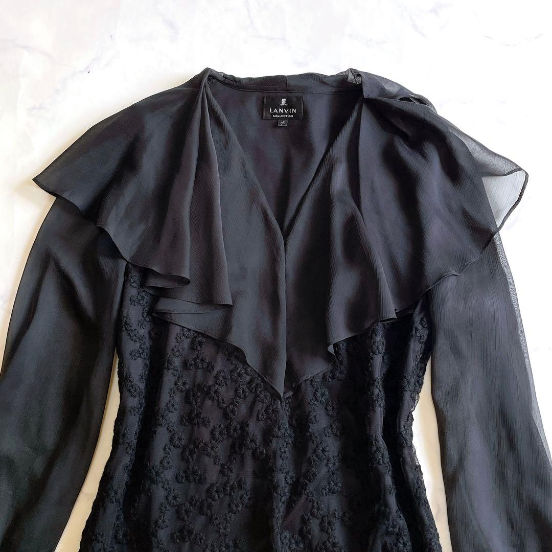 新品 ランバン ワンピース ひざ丈 刺しゅう シフォン フリル ブラック 36