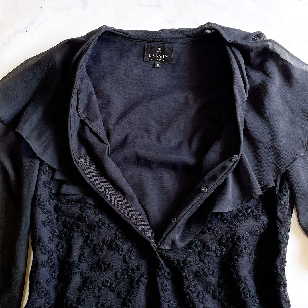 新品 ランバン ワンピース ひざ丈 刺しゅう シフォン フリル ブラック 36