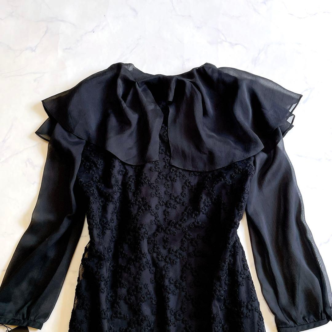 新品 ランバン ワンピース ひざ丈 刺しゅう シフォン フリル ブラック 36