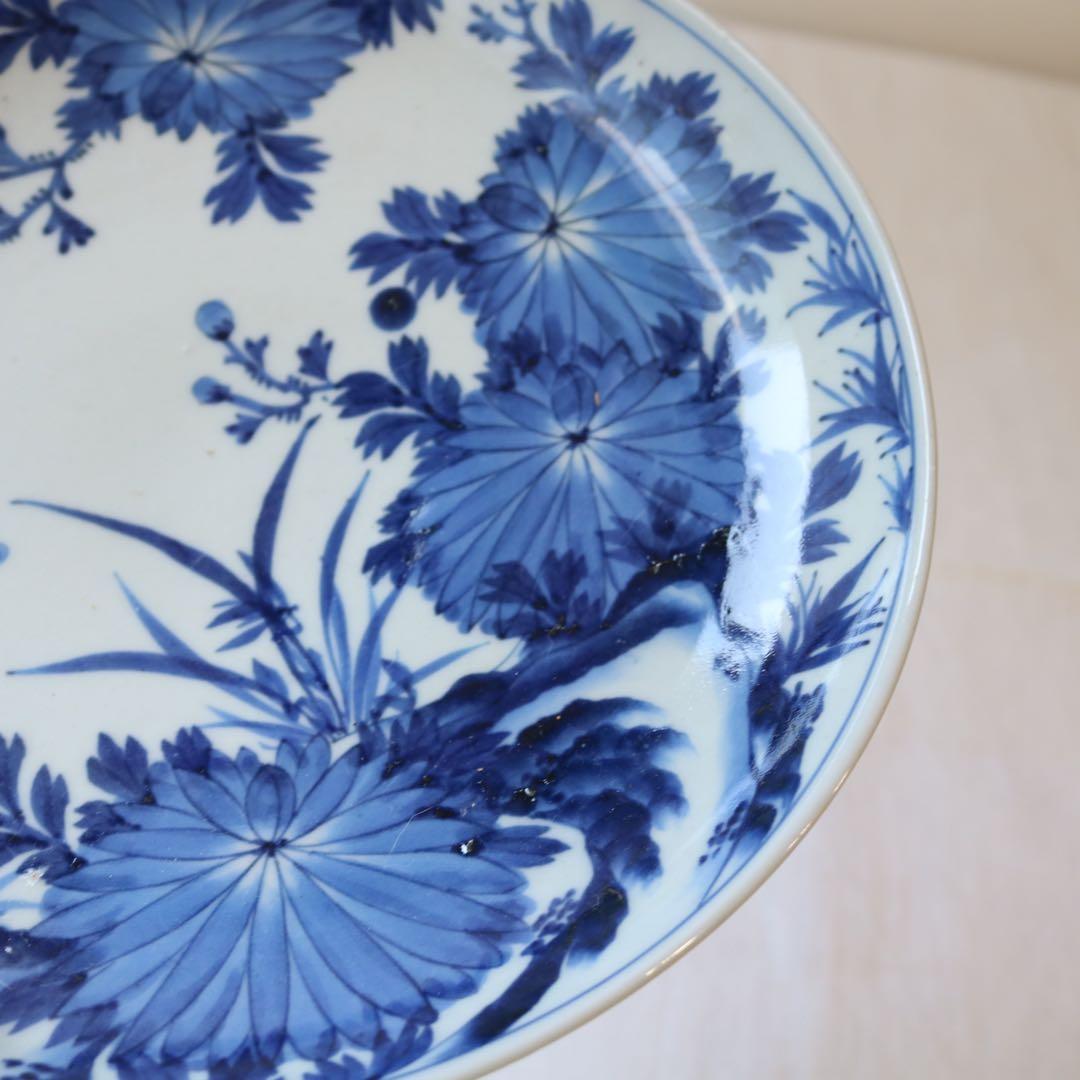 時代　染付の美しき四君子　高台皿　明治プレート盛皿大皿（骨董古美術古伊万里鍋島焼