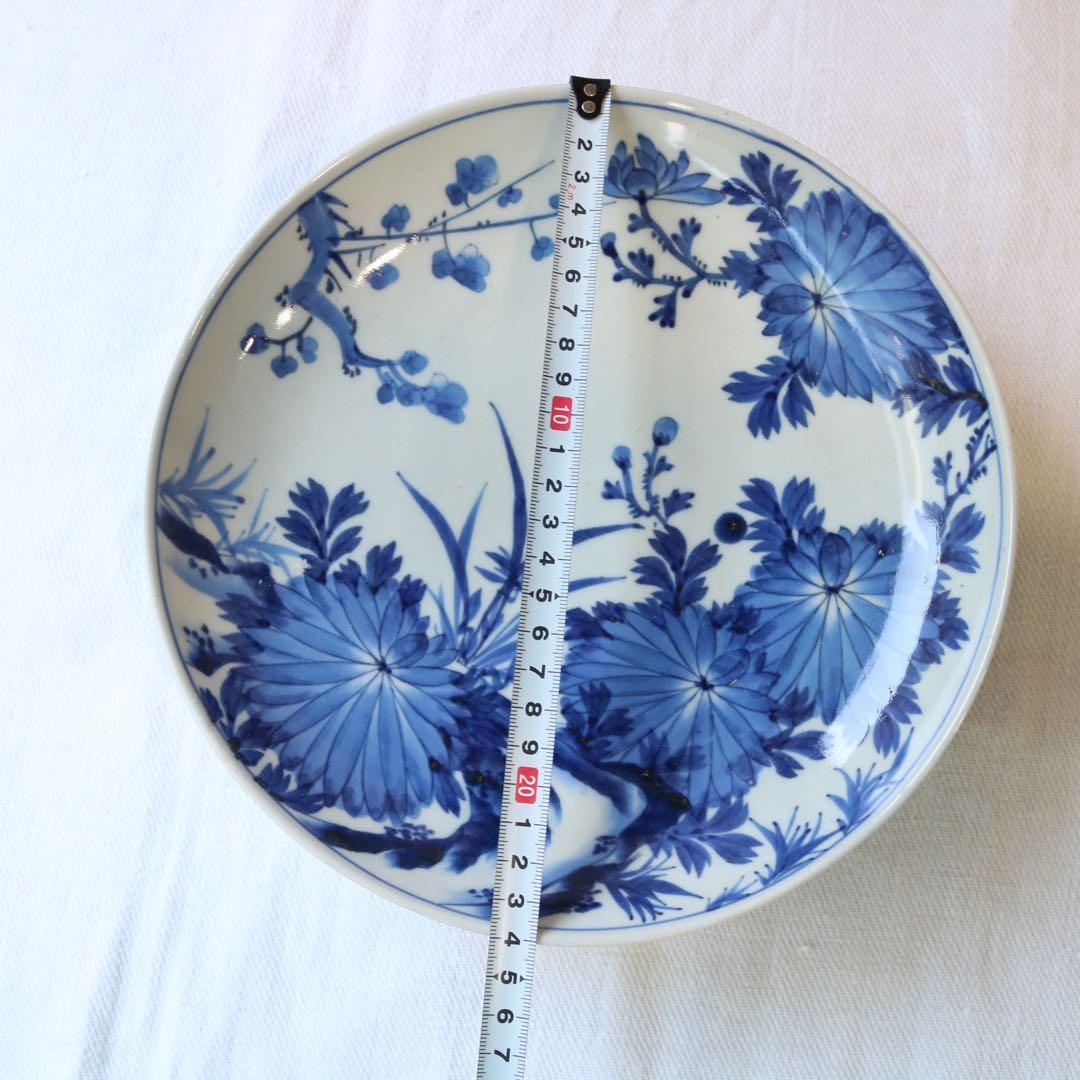 時代　染付の美しき四君子　高台皿　明治プレート盛皿大皿（骨董古美術古伊万里鍋島焼