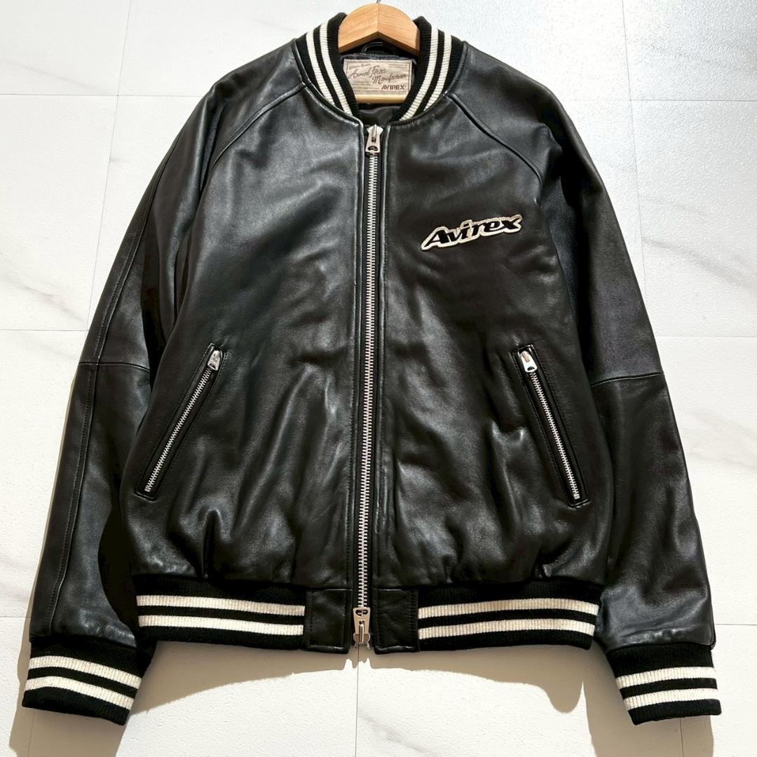 美品　AVIREX　フルレザー　スタジャン　バックロゴ　シープスキン　ブラック