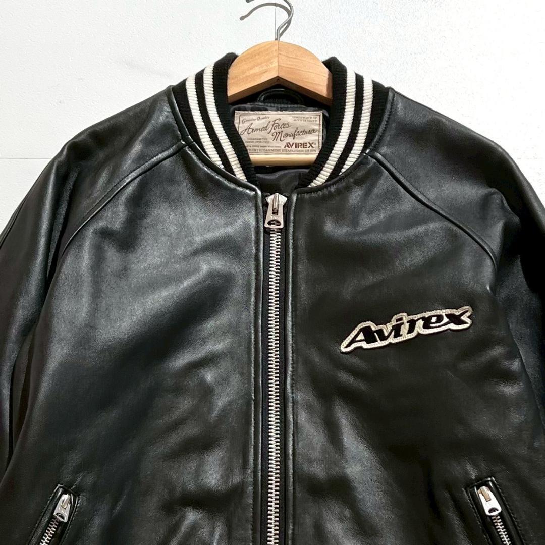 美品　AVIREX　フルレザー　スタジャン　バックロゴ　シープスキン　ブラック