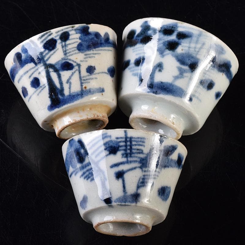 中国　青花山水文　粉彩花文など　盃　12客まとめて　M　R8128