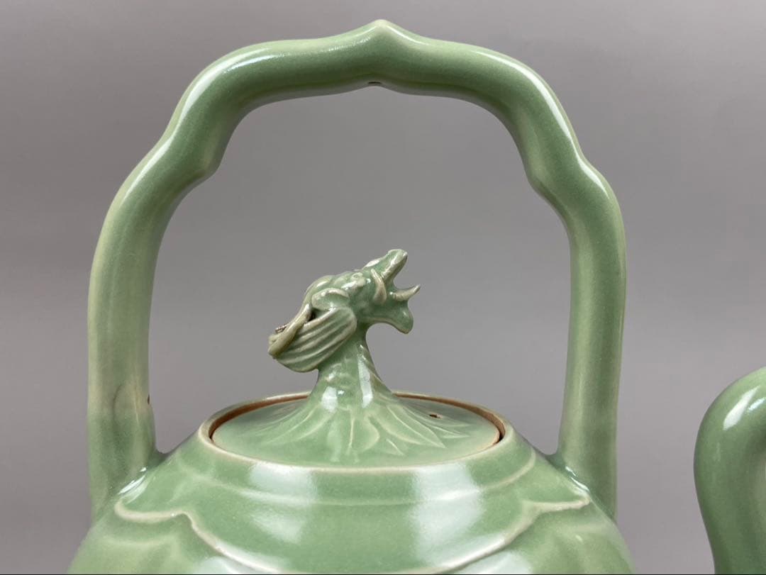 青磁 雲龍文 提梁式 平安 艶彩造 水注 京焼 茶道具 茶器 和食器 共箱 共布