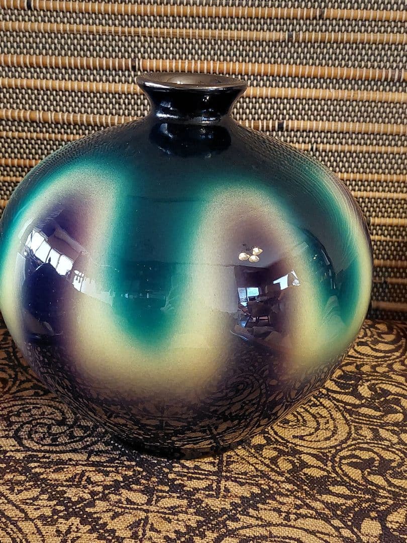 翠彩 陶器製 丸型花瓶⭐黒翠七宝☆花瓶☆翠彩
