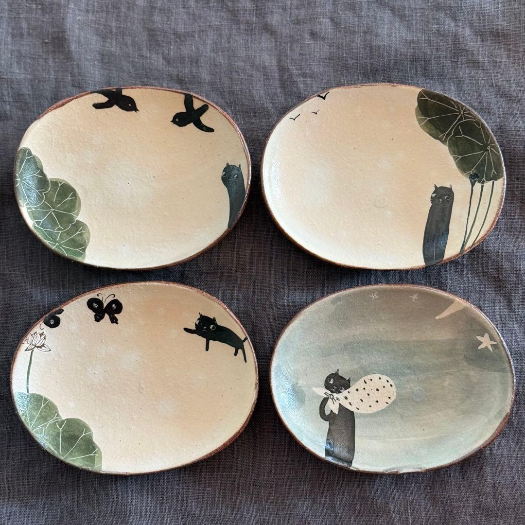 激レア一点もの　大谷桃子さん黒猫の柄違い小皿4点揃え