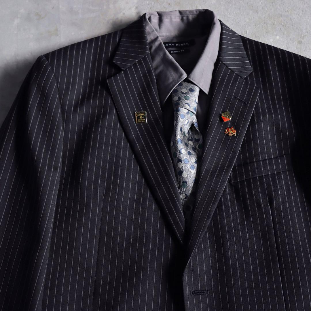 90s 黒×灰色 セットアップ シャツ ネクタイ ピンズ付 成人式 入学 卒業式