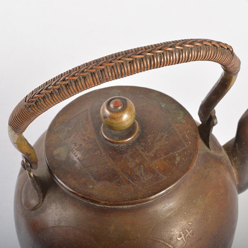 えびけん　煎茶道具　銅製漢詩山水梅文湯沸し　薬缶　時代箱付　M　R6738