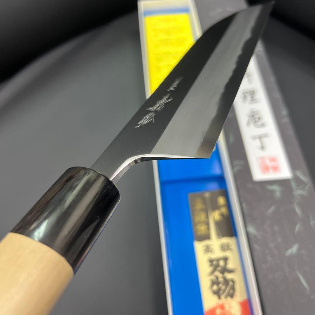 ★新品★義弘上作白二鋼鎌形薄刃包丁210mm七寸水牛柄マチ磨き裏押し化粧箱入