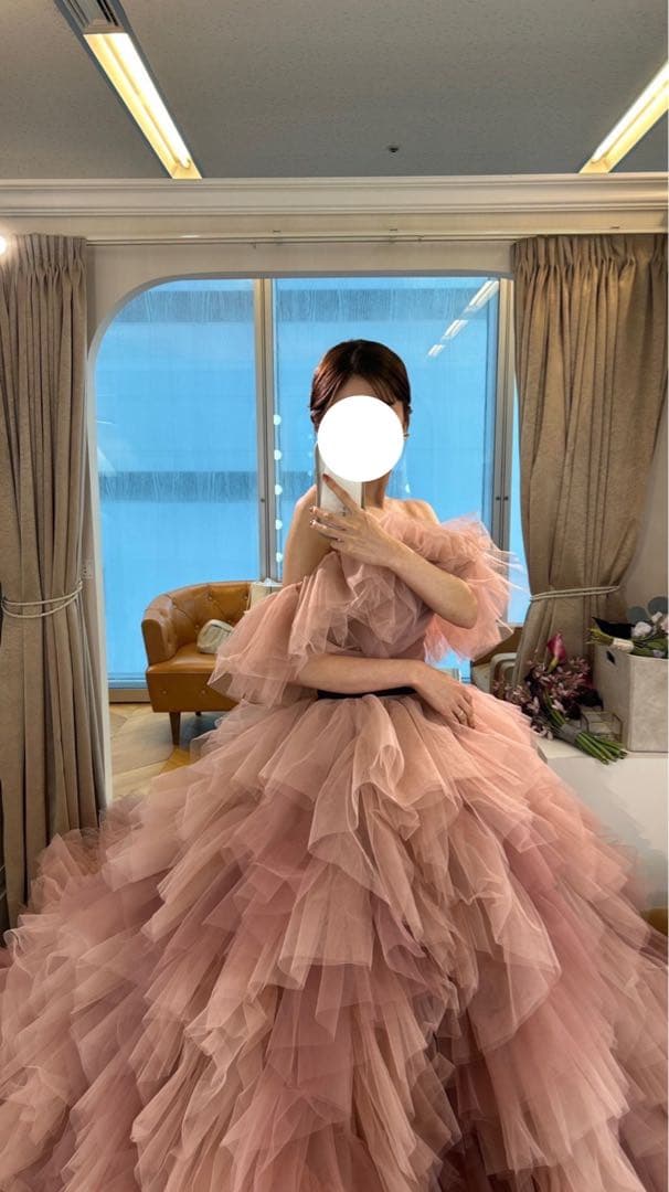 ニュアンスカラードレス くすみピンク ふわふわ チュール プリンセスドレス