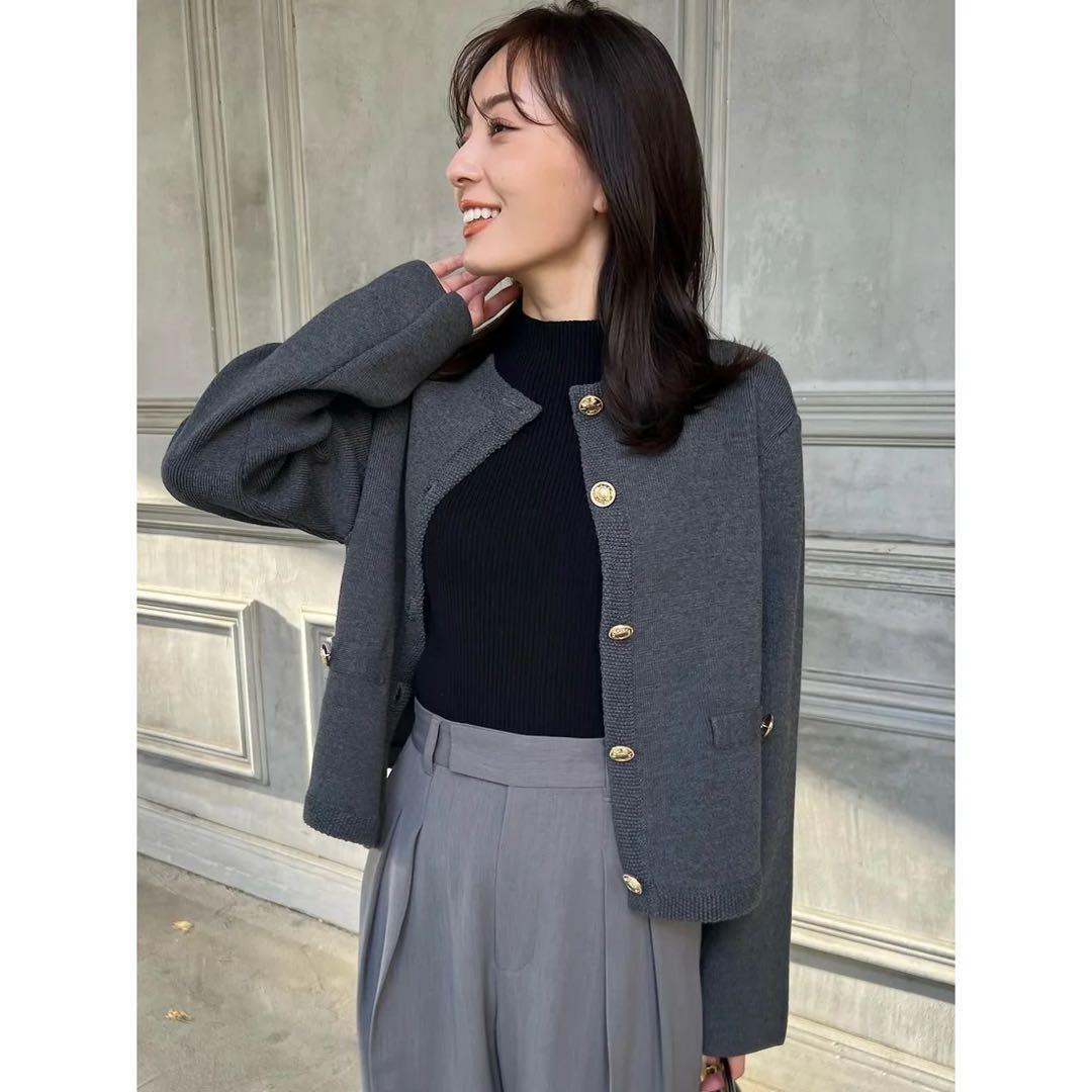 anuans オリジナルボタンノーカラーニットジャケット