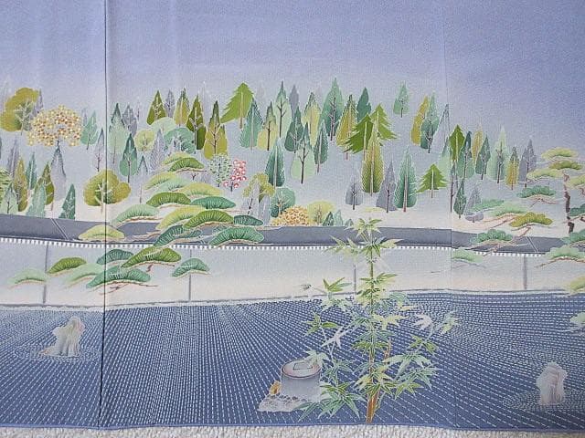 訪問着：美品：白梅と石庭と森：ブルーグレー：袷正絹：P8