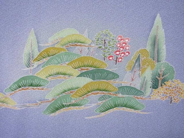 訪問着：美品：白梅と石庭と森：ブルーグレー：袷正絹：P8