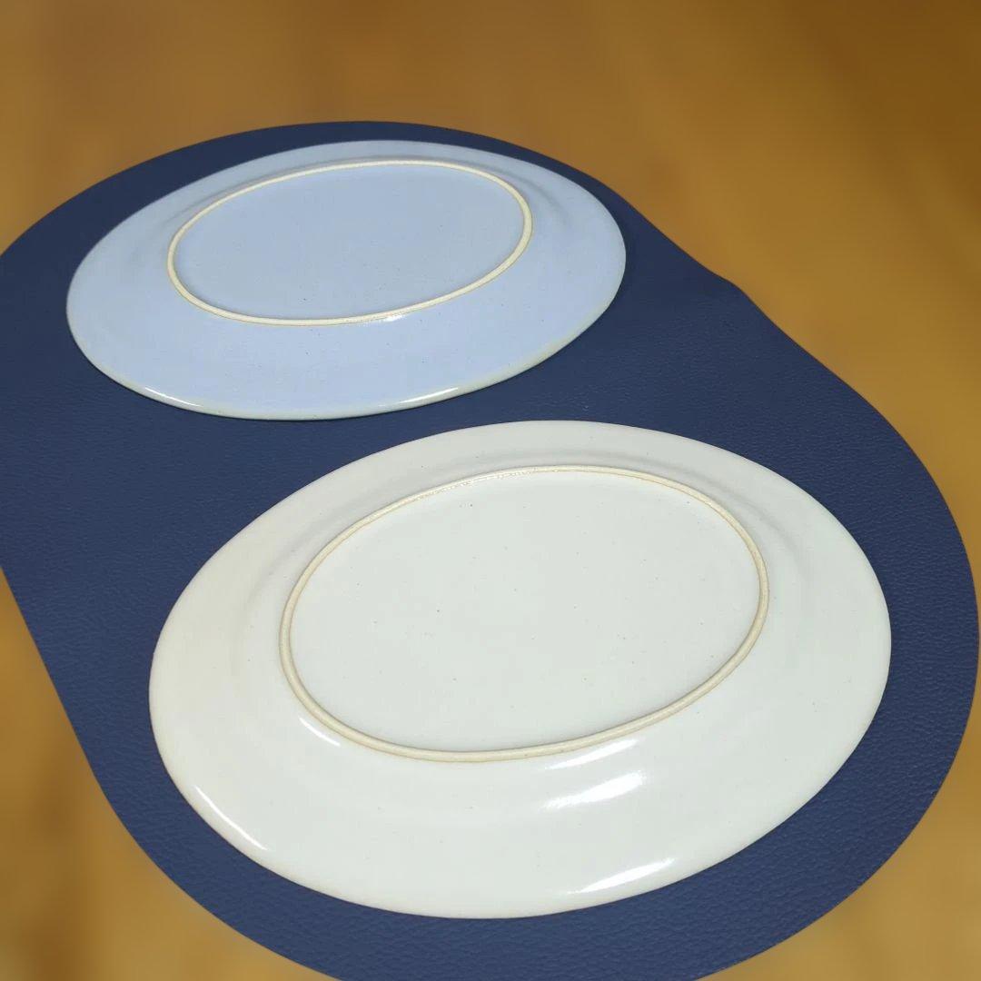 awabiware アイボリー・ブルー2枚楕円形平皿岡本純一新品未使用