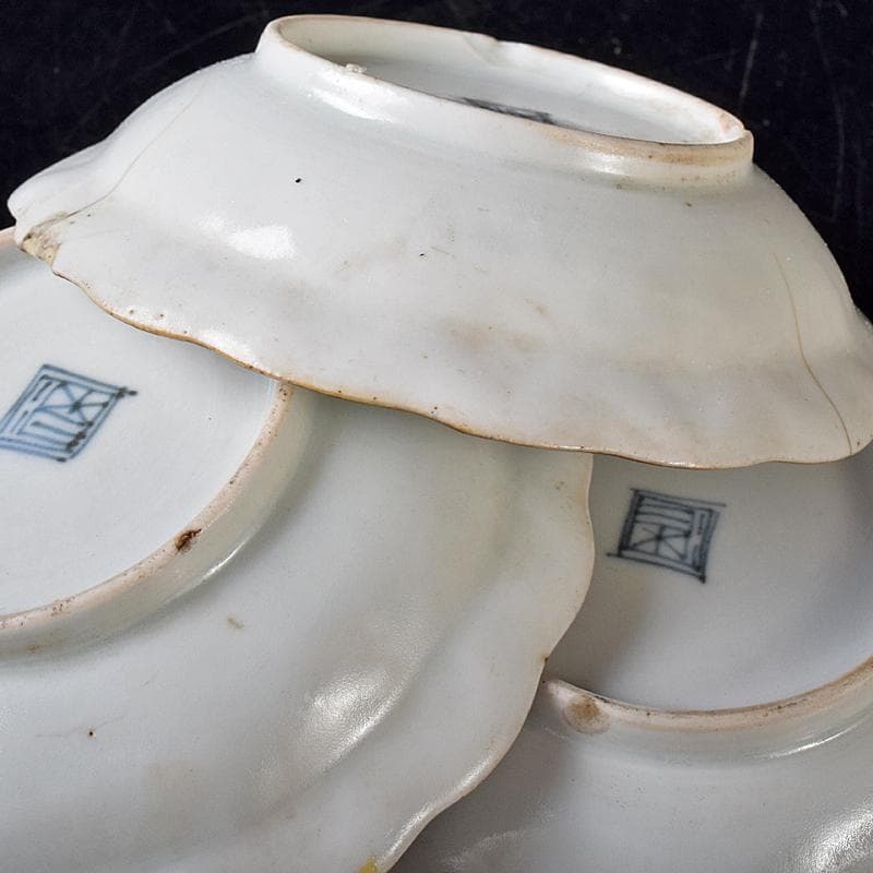 肥前伊万里焼　古伊万里　染付　丸紋　輪花皿　六客　時代箱付　C　R8170