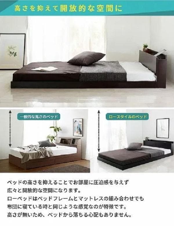 ② シングルベッド USBコンセント付き ロータイプベッド 宮付き ホワイト