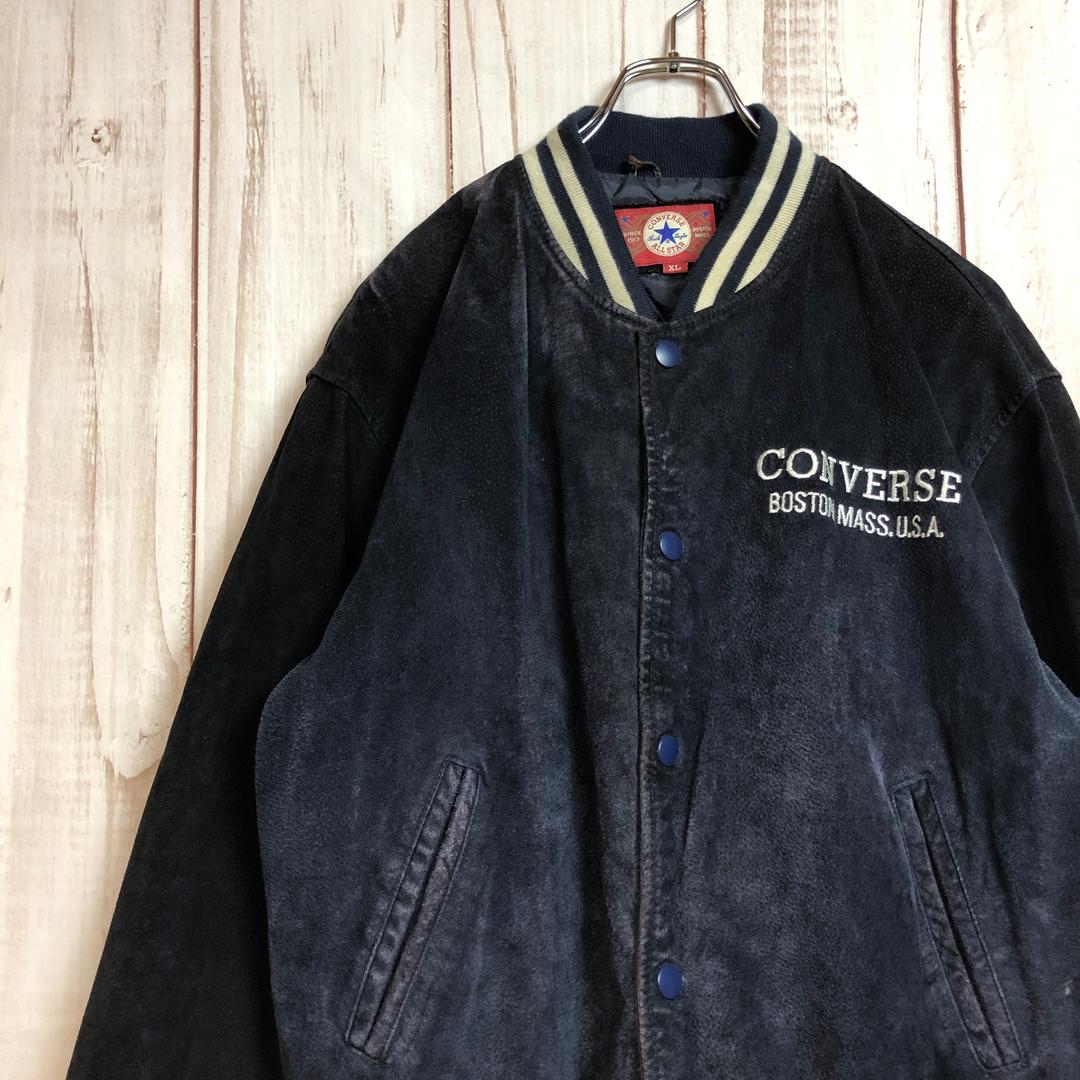 【コンバース レザースタジャン】 本革 刺繍 スエード XL 黒 古着
