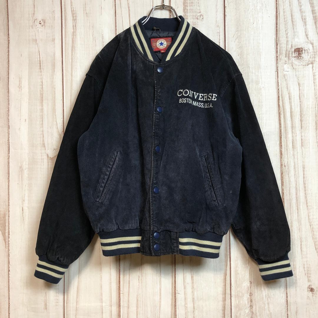【コンバース レザースタジャン】 本革 刺繍 スエード XL 黒 古着