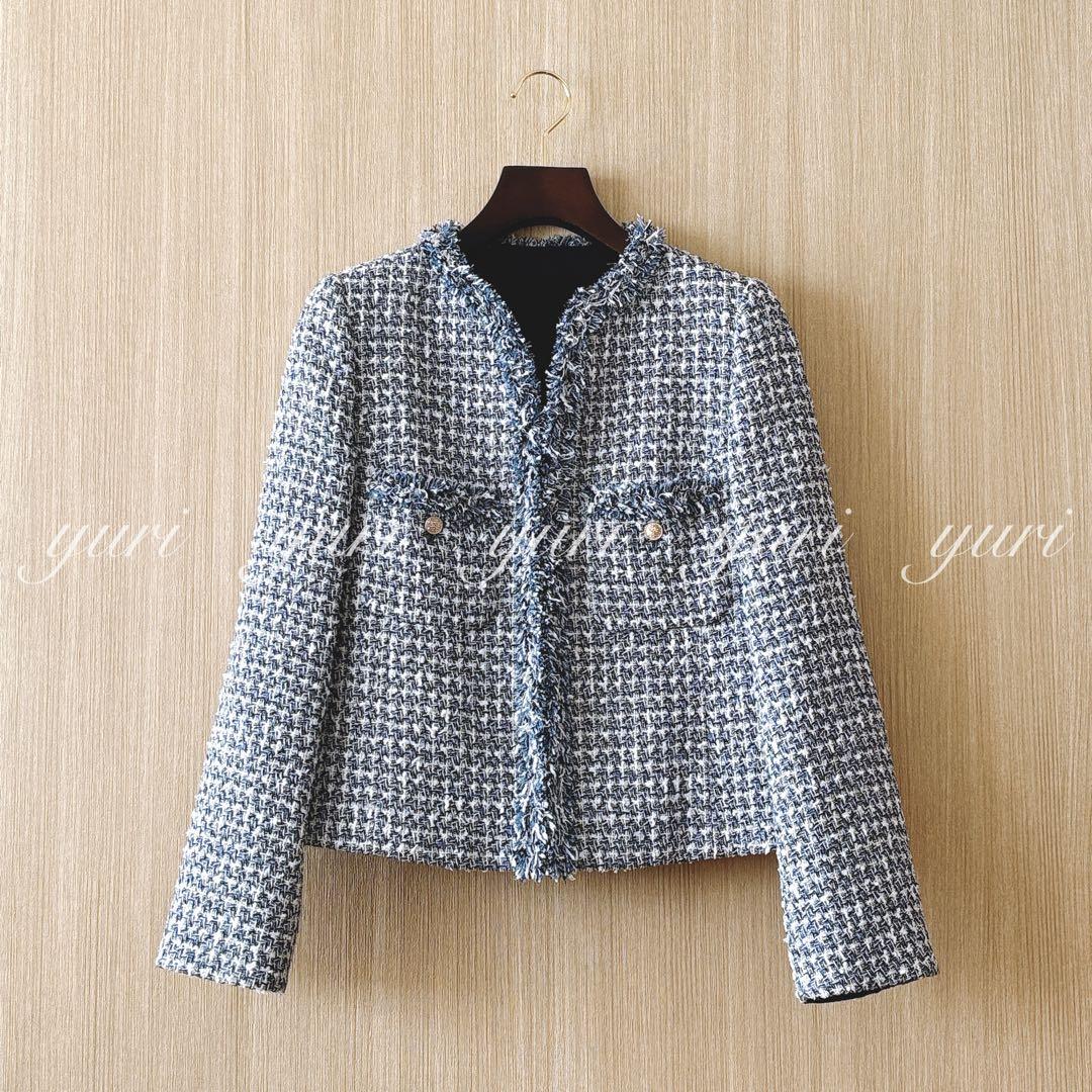 【1118】アナイ　ミックスツィードノーカラージャケット　フォーマル　濃紺　38