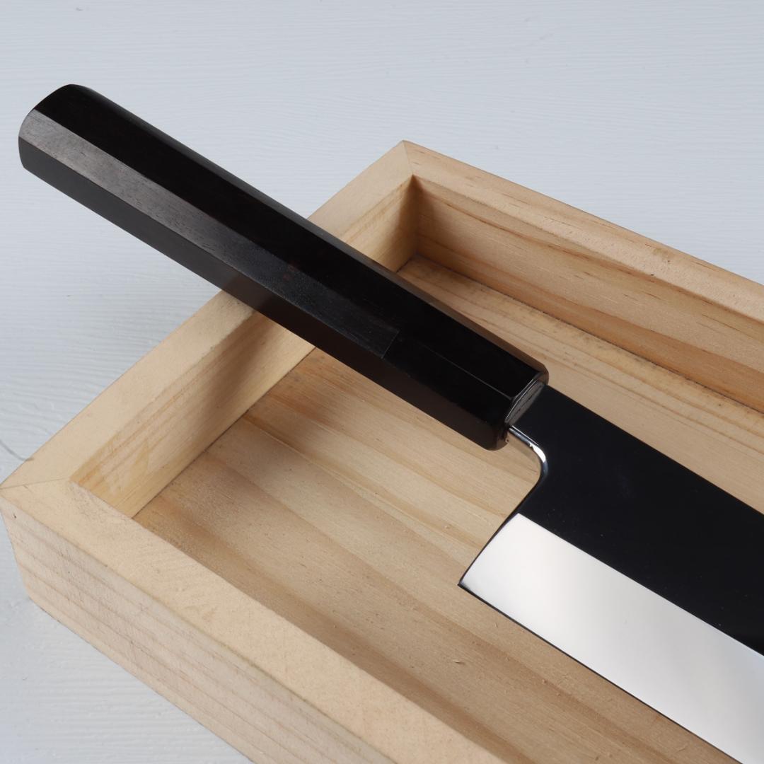 7492 身卸し・舟行 9寸 ウルトラ鏡面仕上げ 刺身包丁 黒檀黒水牛角八角柄