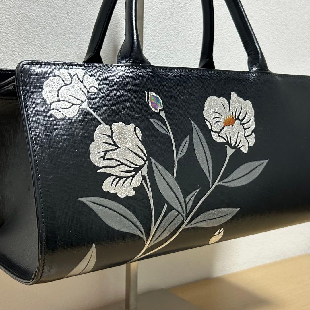 坂本これくしょん 蒔絵レザーバッグ ハンドバッグ 花柄刺繍 美品