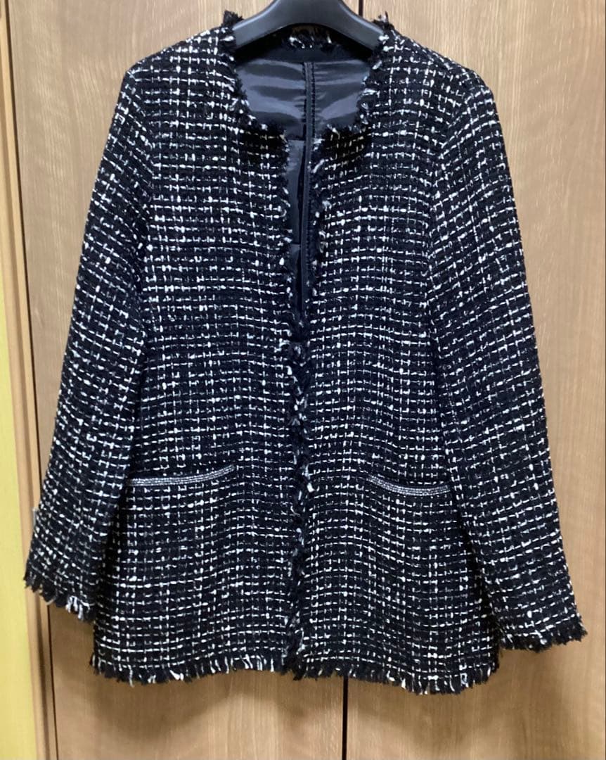 美品　ICB ロービングツイード ノーカラージャケット　ブラック×オフホワイト系